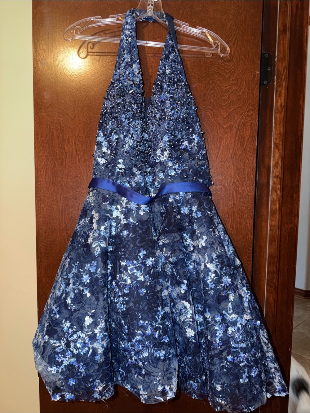 Navy Blue Halter Floral Embroidered Dress